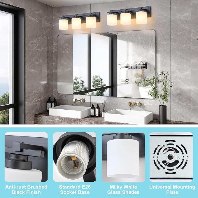 Modern Bathroom Light Fixtures Over Mirror, Vanity Lights for Bathroom Wall Sconces with Milky White Glass Shades, E26 Socket (Bulbs Not Included), 3 Light, Black