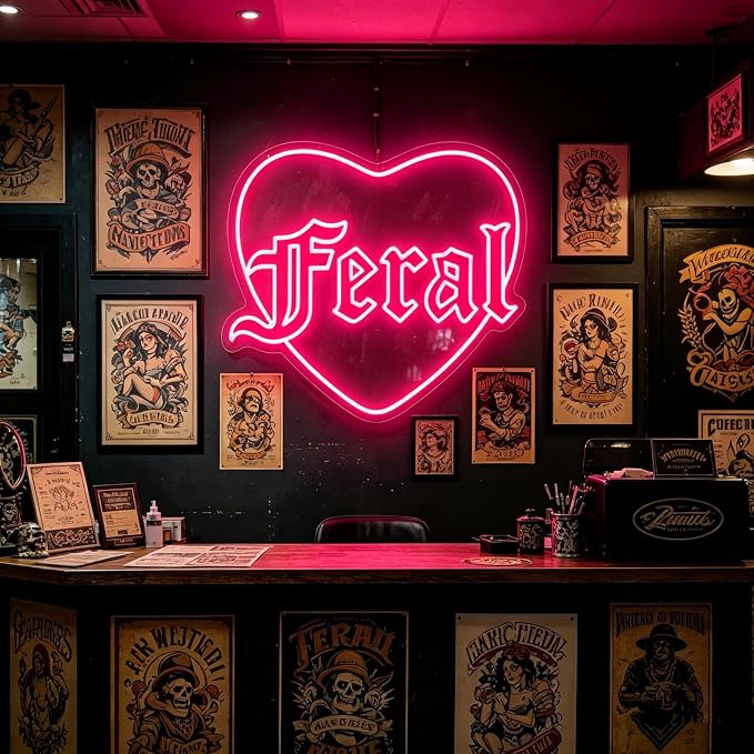 Feral Heart Neon Sign Pink LED Neon Light for Wall Decor USB Powered Gothic Neon Sign for Bedroom Bar Party Tattoo Studio Bachelorette Trendy Wall Art Halloween Decoration Goth Lover Gifts