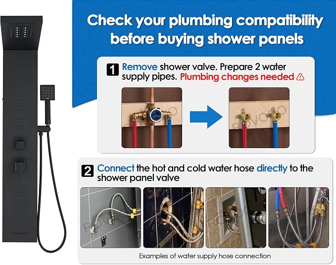 ROVOGO Shower Panel Tower System with Led Lights and 5 Shower Modes, 46.5" | Rainfall Waterfall Shower Head, 4 Body Jets, Handheld & Tub Spout, Stainless Steel Shower Column w/ Brass Valve, Matte Black
