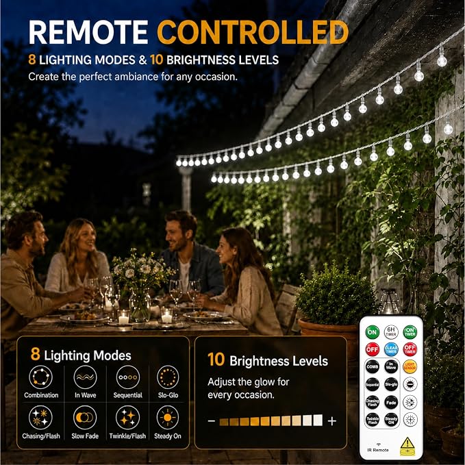 Crystal Globe String Lights 2500mAh Rechargeable Battery Operated | 16FT 50LED Outdoor Waterproof with Remote, Timer & 8 Modes, Fairy Lights for Yard Garden Patio Wedding Christmas (White)