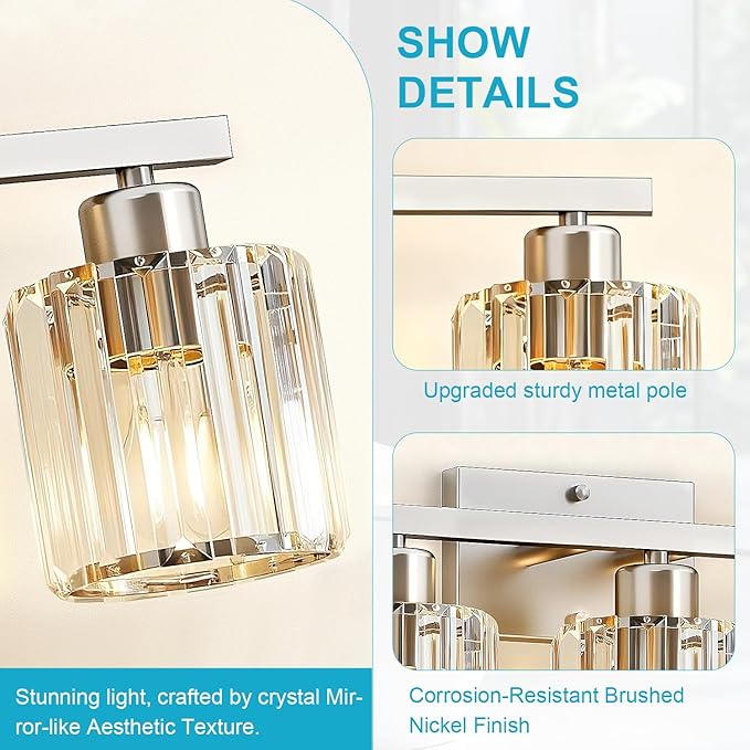 GOLSPARK Modern Crystal Bathroom Vanity Light, Brushed Nickel Bathroom Lighting fixtures Over Mirror, 3-Light Vanity Light Fixtures, E26 Base Crystal Round Shades for Bathroom, (Exclude Bulb)