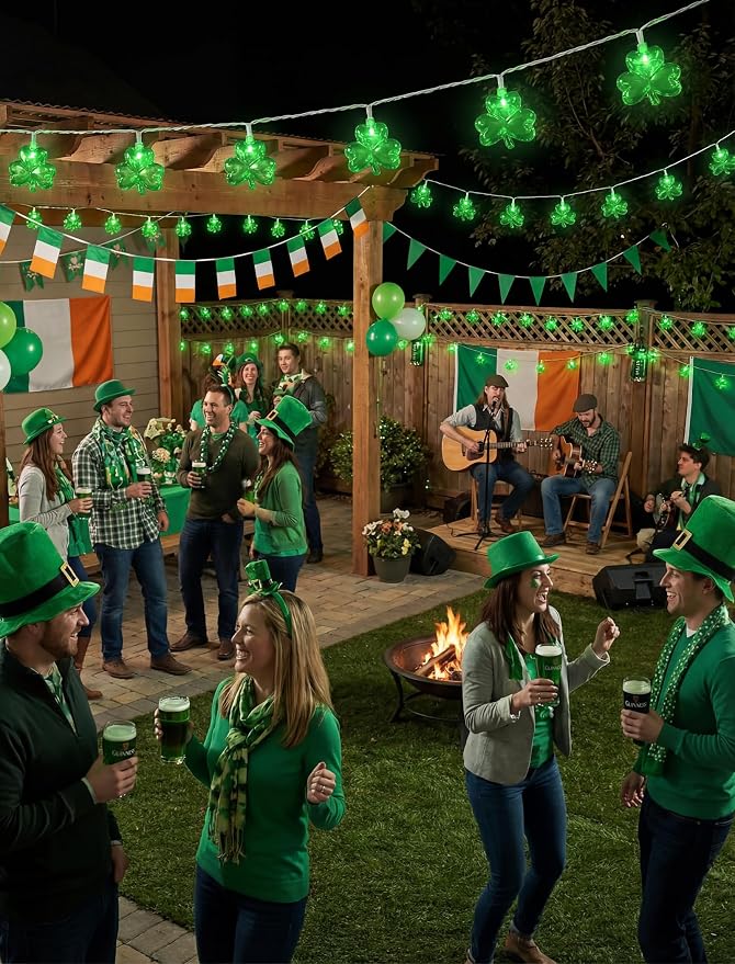 Shamrock String Lights, 8.5Ft St Patrick's Day Decorations with 10 3D Green Clover Lights, Plug in Clover Fairy String Lights for Party Bar Garden Bedroom Party Irish Holiday Decor