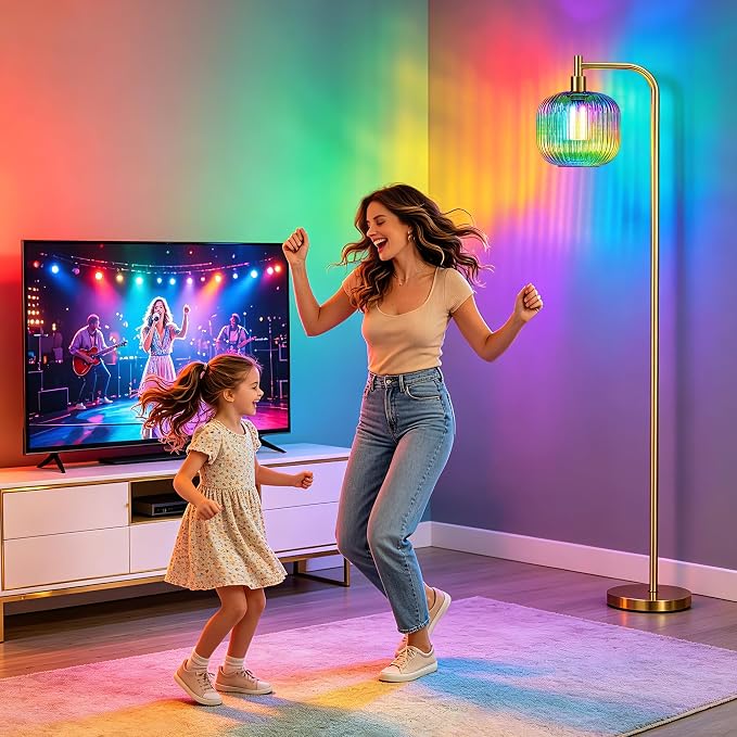 Cordless Floor Lamp for Living Room, 5400mAh Battery Operated Standing Lamp | Rechargeable Bulb Included, Stepless Dimmable, RGB Mode, Brushed Gold, Remote Control, Large Ribbed Glass Lampshade,Timer