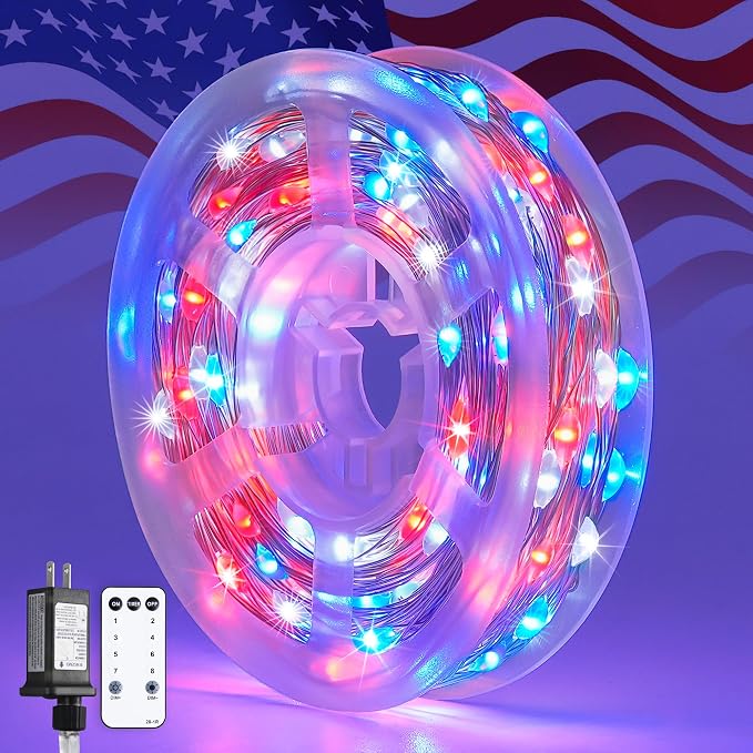 JMEXSUSS 200 LED 4th of July Fairy Lights, Red White and Blue Lights Indoor | 8 Modes with Wheel Remote Control Twinkle Patriotic Lights in for Independence Day American Flag Holiday