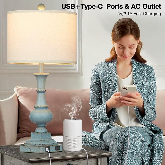 26" Farmhouse Table Lamps Set of 2, Rustic Touch Control Bedside Lamps with 2 USB Ports & AC Outlet, Vintage Resin 3-Way Dimmable Nightstand Lamp Linen Fabric Shade for Living Room Bedroom Decor Blue