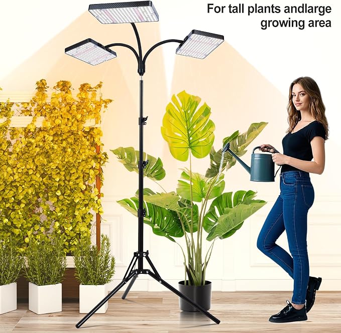 3Head Grow Light with Stand, 75 Watt Bright Enough and Big Coverage, Natural Sunlight Full Spectrum Plant Growing Lamps for Tall&Large Indoor Plants, Bonsai Tree, 4/8/12/16/20H 5-Mode Timer