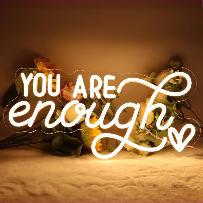 You Are Enough Neon Sign, Self Love Neon Light with Floral Decor, Motivational Wall Art for Bedroom, Therapy Office Decor, Mental Health Awareness Gift, USB Dimmable (16.5"x8.3")