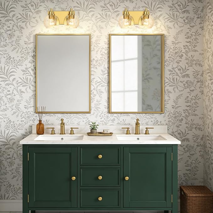 IZORRO Bathroom Light Fixtures, 2-Light Brushed Gold Vanity Light, Modern Wall Sconces with Globe Clear Glass Shade, Vanity Lighting Fixtures Over Mirror,E26 Bulb Socket
