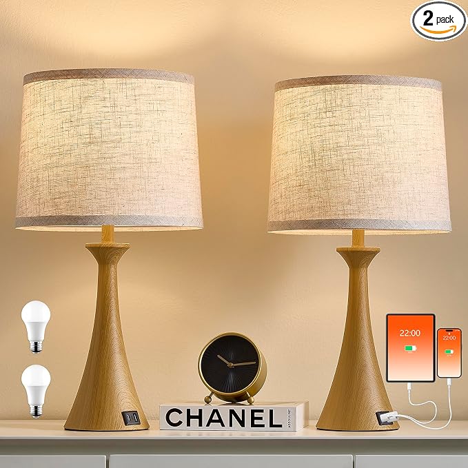 Touch Lamp for Living Room Bedroom, 21" Table Lamps Set of 2 with USB C+A Ports and Oatmeal Lamp Shades, Touch Bedside Lamps for Nightstand with 3 Way Dimmable, 2 LED Bulbs Included, Wood Grain