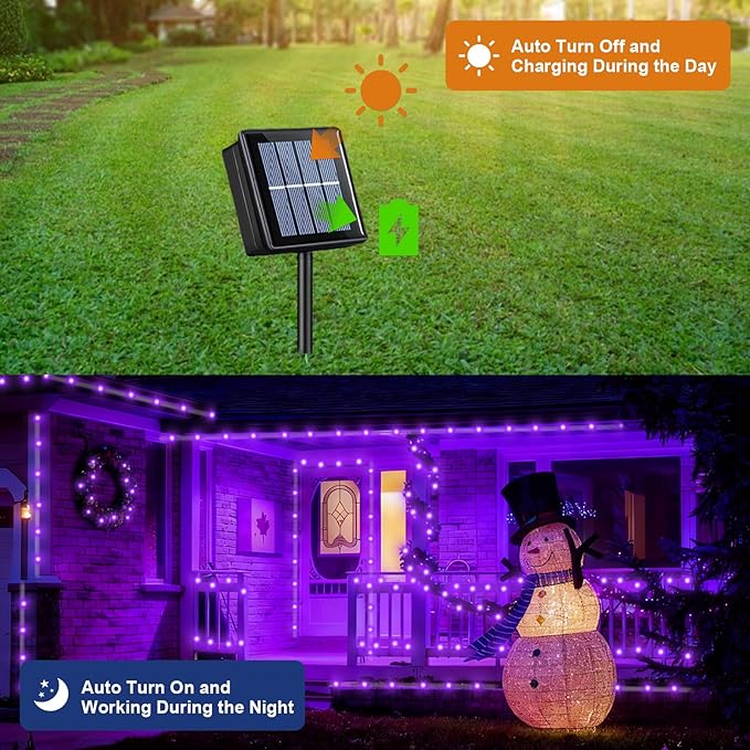 QITONG 2 Pack Purple Solar Rope Lights, Each 33ft 100 LED String Lights Outdoor, 8 Modes Fairy Lights in Clear Thin Tube