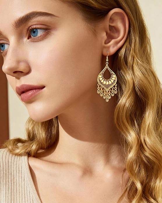Silver 14K Gold & Rose Gold Plated Boho Chandelier Earrings – Intricate Bohemian Earrings with Filigree and Tassel Earrings for Women Trendy