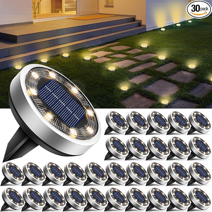 btfarm 30 Pack Solar Lights Outdoor Waterproof, 8 LED Solar Ground Lights | Stainless Steel, Easy-to-Install Flat Solar Disc Lights, Pathway Lights for Garden Lawn Patio Yard Path Landscape, Warm White