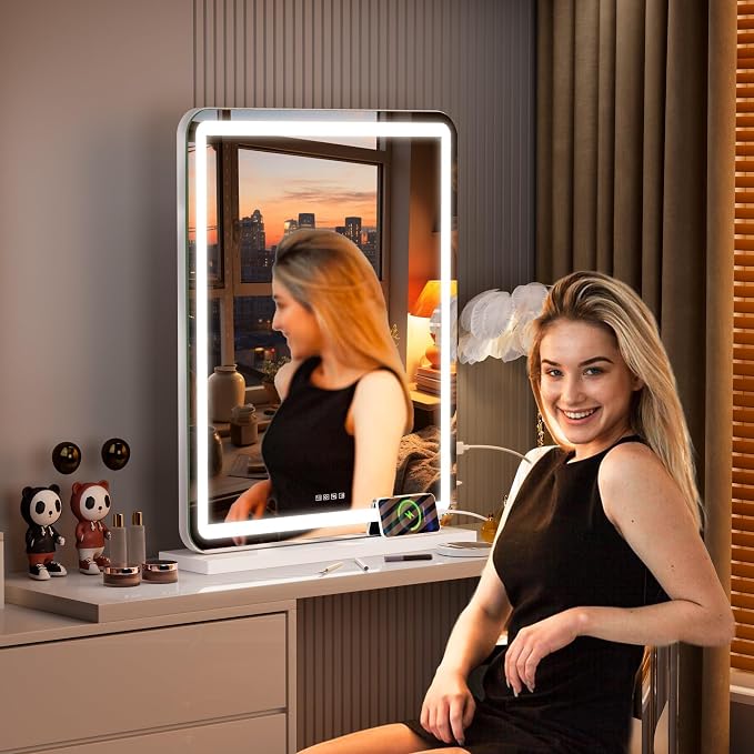 Hasipu Vanity Mirror with Lights and Bluetooth Speaker, 20" x 25" LED Makeup Mirror, Light up Mirror with 10X Magnification and USB Charging Port, Smart Touch 3 Colors Dimmable (White)