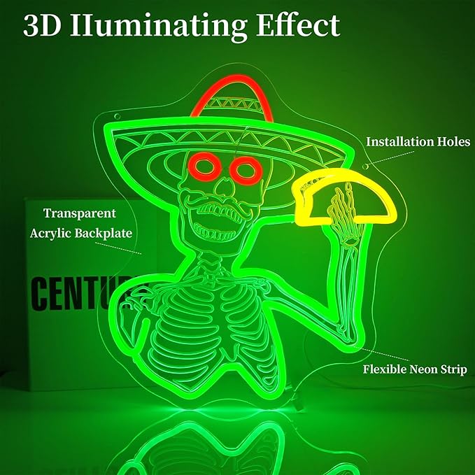 Skull Neon Sign Skeleton Taco Led Neon Lights Neon Signs for Wall Decor Light Up Sign for Birthday Party Club Gift