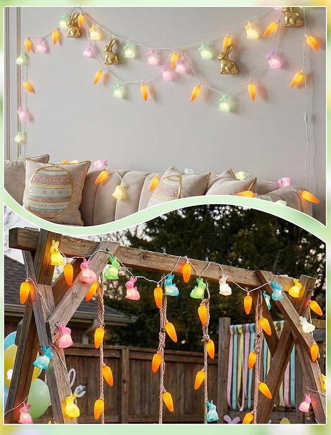10 LED Bunny Carrot Camping String Lights, 8.5Ft Easter Decoration Outdoor | Shatterproof, Plug in Rabbit Lights Indoor, Connectable, Multicolor Fairy Lights for Party Garden Home Summer Decor for Kids