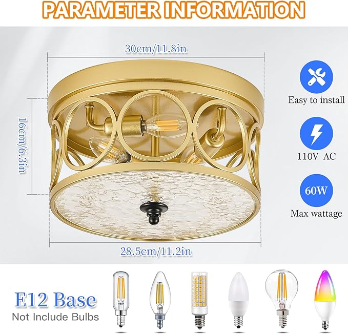 3-Light Flush Mount Ceiling Light Fixtures,11.2in Gold Metal Farmhouse Ceiling Lighting with Clear Glass & E12 Socket,for Kitchen Island, Bedroom, Entryway, Dining Room