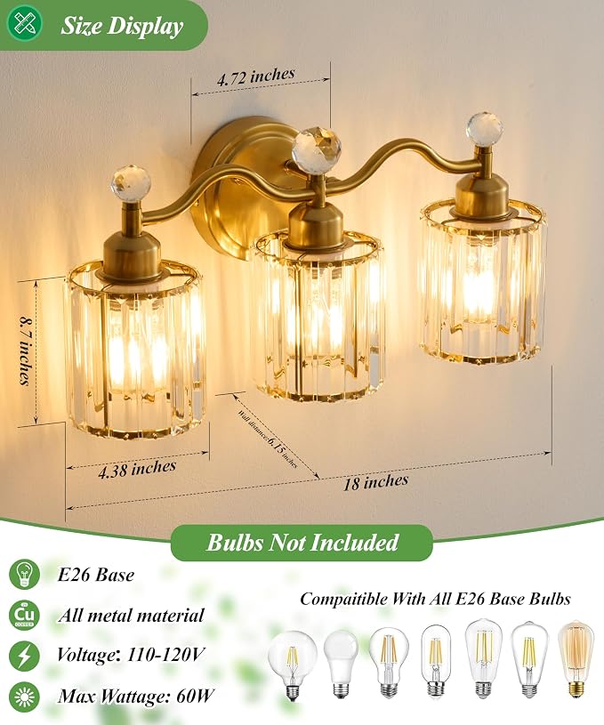 Gold Bathroom Vanity Light Fixtures 3-lights,Crystal Vanity Lights for Bath, Bathroom Lights Fixture with Clear Crystal Glass Shade, Modern Wall Light over Mirror, Wall Sconces Light for Hallway