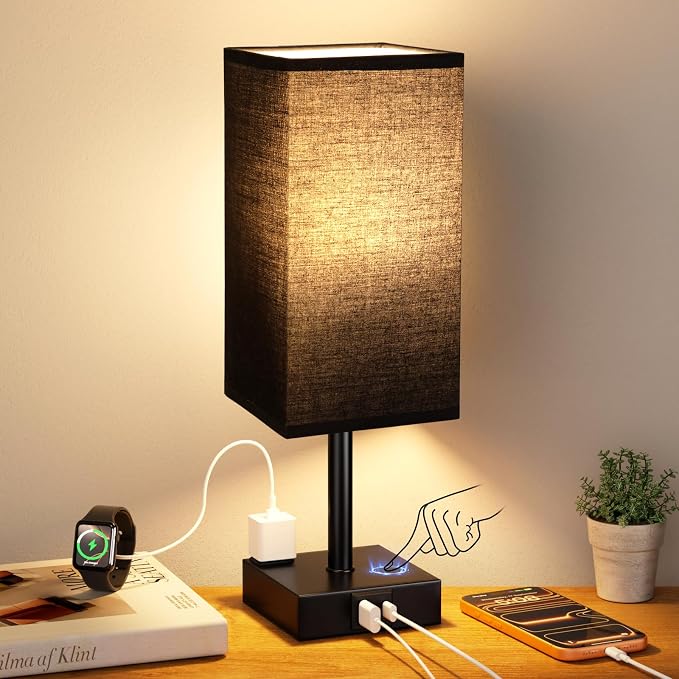 3000K Black Table Lamp for Bedroom - Dimmable Touch, USB C+A, AC Outlet | 3-Way Dimming, 3000K Warm White Bulb Included, Nightstand Lamp with Square Linen Shade, Small Room Decor for Men, Boys, Desk