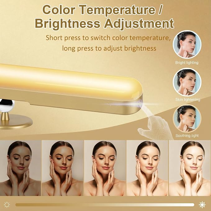 Benreom Wireless Vanity Light for Mirror, Rechargeable LED Bar, Gold | Adjustable Color, Brightness and Angle with Magnetic Stick-On Design for Makeup Mirrors and Renter-Friendly Decor