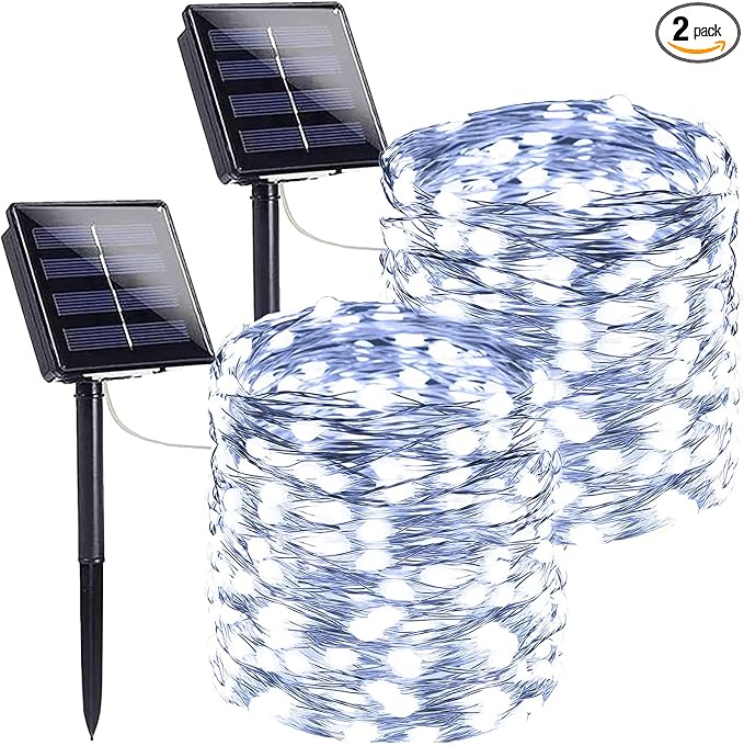 Solar Fairy Lights, 2 Pack Total 200LED 72FT Waterproof String Lights | Cool White, Silver Wire, 8 Lighting Modes Solar Twinkle Lights for Tree Garden Patio Party Outdoor Christmas Decorations