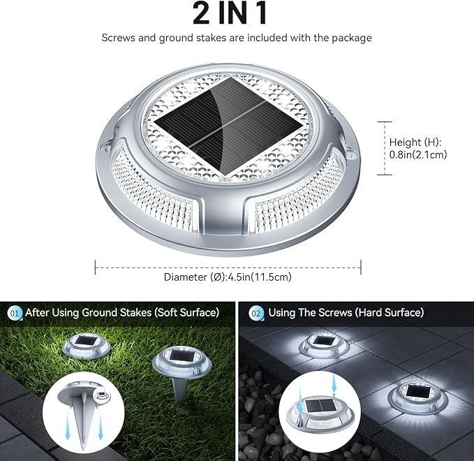 Solar Driveway Lights, 4 Pack Heavy Duty Driveway Lights Solar Powered 2 Color Mode (Cool/Warm White) IP68 Waterproof Outdoor Solar Deck Lights with Ground Stake for Pathway Garden Yard Walkway Dock