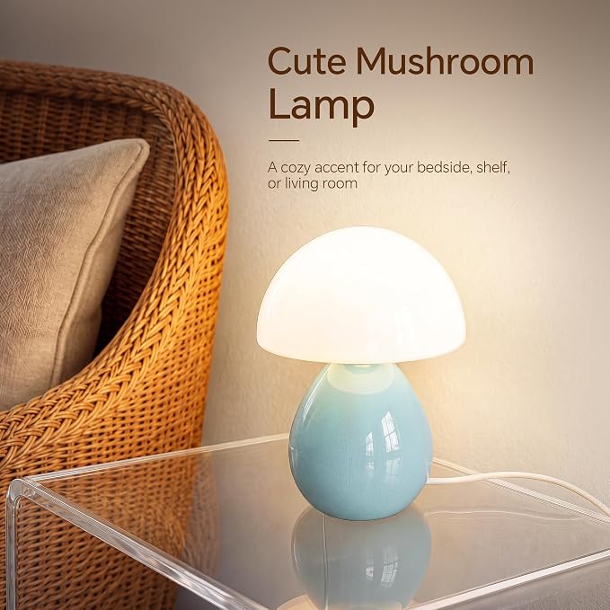 Mushroom Lamp Table Lamp for Bedroom,Ice Crackle Desk Lamp Bedside Small Lamps for Living Room Night Stands,Table Lamps Cute Modern Mid Century Lamps (Blue-Ice Crackle)