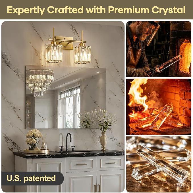 Torondo Modern Crystal Bathroom Vanity Light 2-Lights Brushed Gold Bathroom Light Fixtures Over Mirror Brushed Gold Vanity Lighting Fixtures Square Shade Wall Sconce (Bulbs Not Include)
