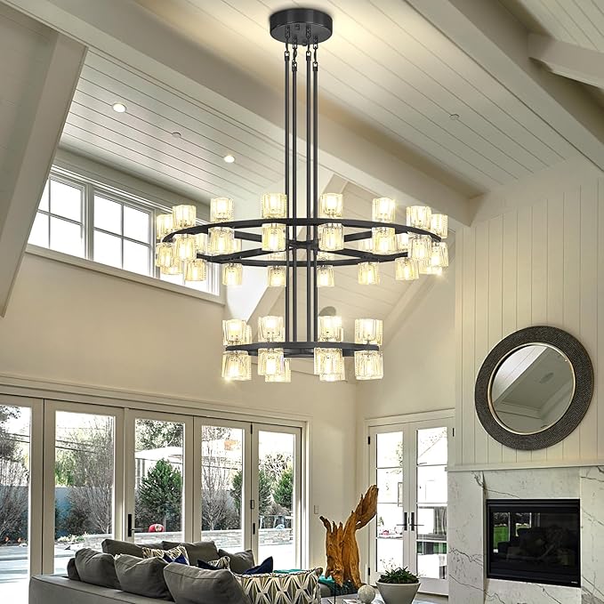 D16''+D32'' 2 Tier Black Wagon Wheel Chandelier, 48-Lights Farmhouse Pendant Light Fixture, Round Rustic Hanging Lighting for Dining Room Kitchen Island Foyer Entryway