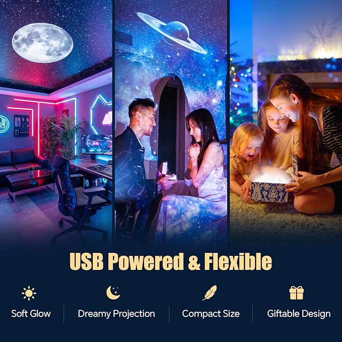 2-in-1 Galaxy Projector Night Light Galaxy Ceiling Projector USB Portable Mini Starry Sky Light with 3 Projection Films Adjustable Brightness Led Night Lamp for Bedroom Car Roof