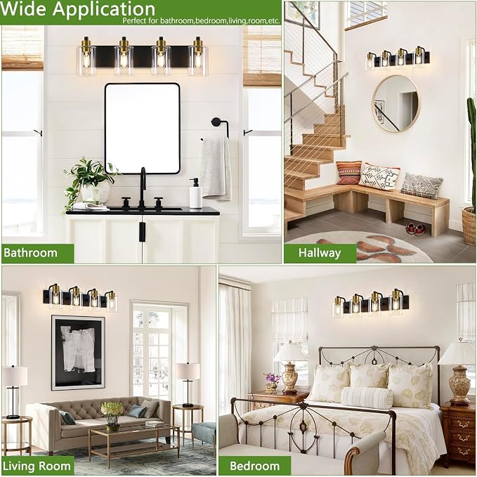Dpyrrhic Bathroom Light Fixtures,Matte Black and Gold 4-Light Bathroom Lights with Clear Glass Shade,Modern Wall Sconces Over Mirror for Bathroom