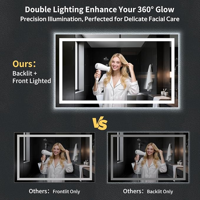 60"x36" LED Bathroom Mirror with Lights, Backlit+Frontlit, Anti-Fog | CRI 95, Stepless Dimmable, 3 Colors Lighting, Shatterproof Tempered Glass, HD Reflection, Memory, (Horizontal/Vertical)