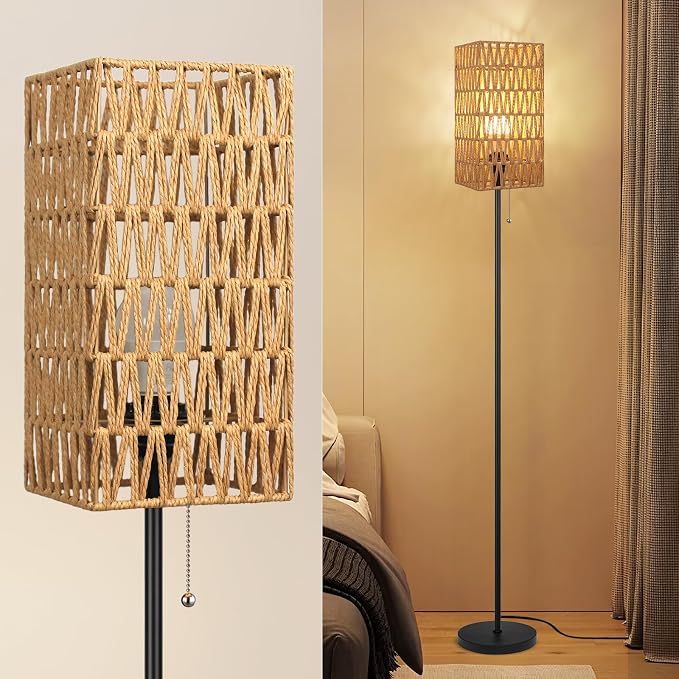 Ruiever Floor Lamp for Living Room,Farmhouse Floor lamp,Modern Standing lamp with Hand-Worked Rattan Shade (Square Shade-3 Color Blub)