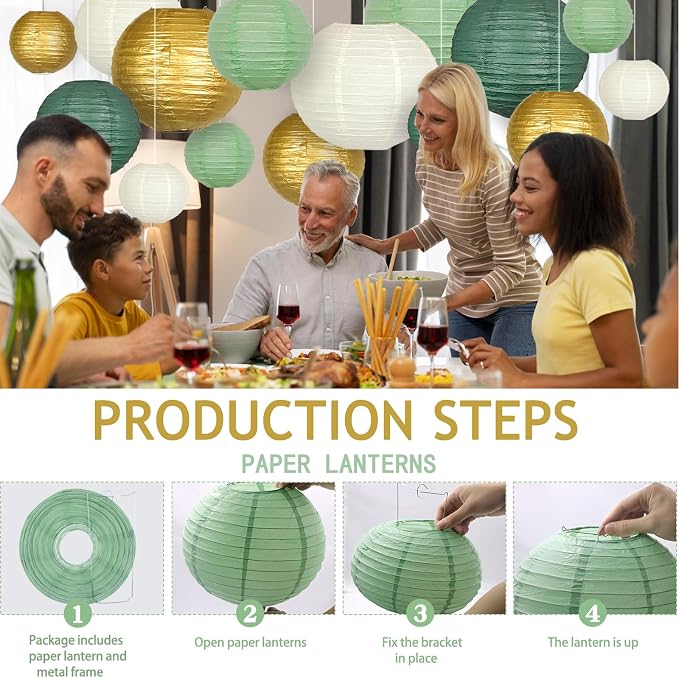 21-Pack Sage Green Paper Lanterns, Gold Round Hanging Decorations | Set for Graduation, Wedding, Bridal Shower, Birthday, Neutral Baby Celebration & Classroom Decor, 4/6/8/10 Inches