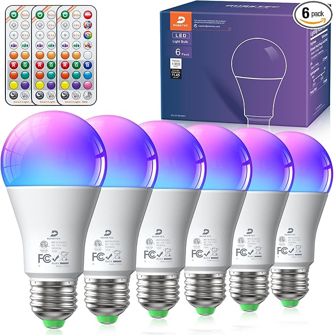 DUSKTEC LED Color Changing Light Bulb, 100 Watt Equivalent 1300 Lumen, A19 Light Bulbs with Remote Control, E26 Standard Base, 2700K-6000K, 5 Modes, Timer, RGB Lightbulb for Home, 12W (6 Pack)