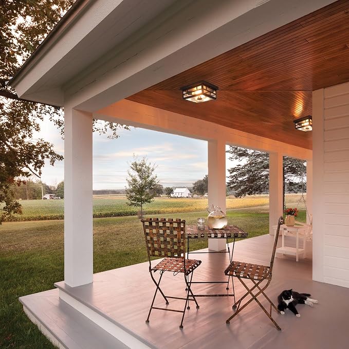 CALOKES Outdoor Flush Mount Motion Sensor Ceiling Light - Timeless Industrial Design with Seeded Clear Glass for Your Porch, Driveway, Covered Patio, Farmhouse, and Entryway
