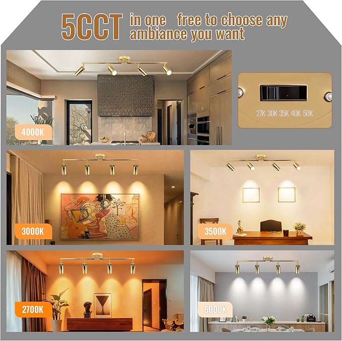 5Color LED Track Lighting Kit 4 Lights Dimmable 48W Track Light,Zoomable15°/24°/36°/45°/60°-2700K/3000K/3500K4000K/5000K,Track Lighting for Accent Task Kitchen,Lumen 4800 (Gold, 48 Watts)