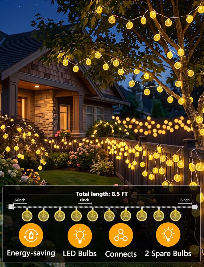 GOOTHY Lemon String Lights Plug in, 8.5Ft Outdoor Fairy Decorations String Lights with 10 LED Yellow Lemon Slice Lights, Hanging Novelty Summer Patio Lights for Garden Kitchen Christmas Wedding Party