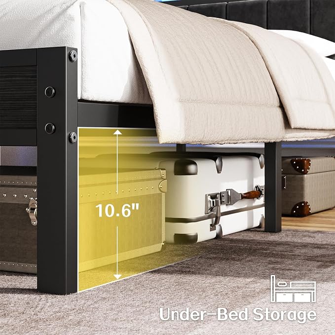 OLEVS Twin Bed Frame with LED Lights & USB Outlets, Platform Twin Bed with Storage Headboard, No Box Spring Needed, Easy Assembly