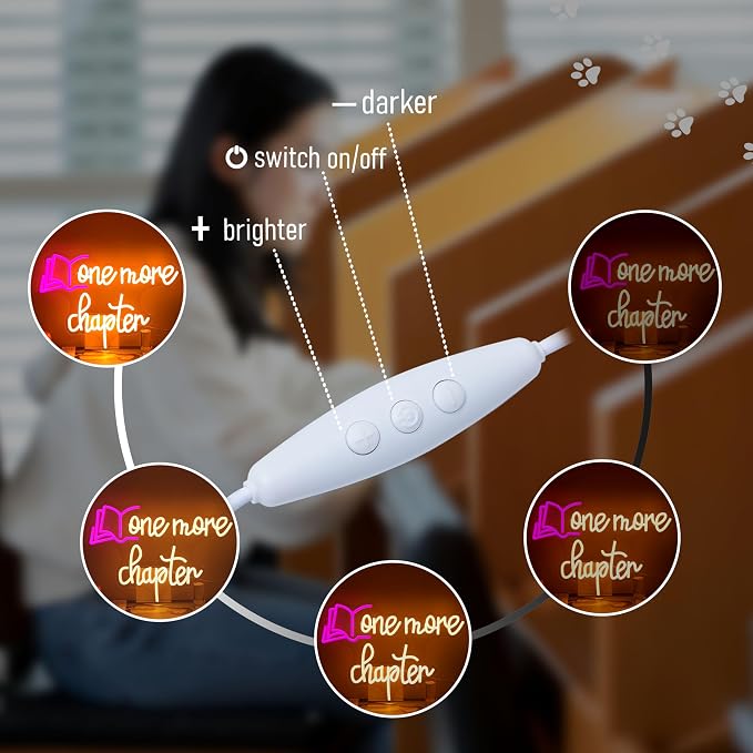 One More Chapter Neon Sign LED Neon Light Book USB Powered Reading Books Light Sign for Wall Decor Library School Classroom Office Coffee Business Bedroom(11.42 * 16.54In)
