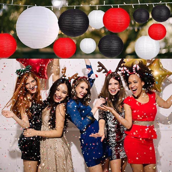 12Pcs Paper Lanterns 6”, 8”, 10”, 12”,Paperlanterns Party Decoration, Black White Red Paper Lanterns for Wedding, Bridal, Birthday, Outdoor, Home, Garden, Holiday and Party.