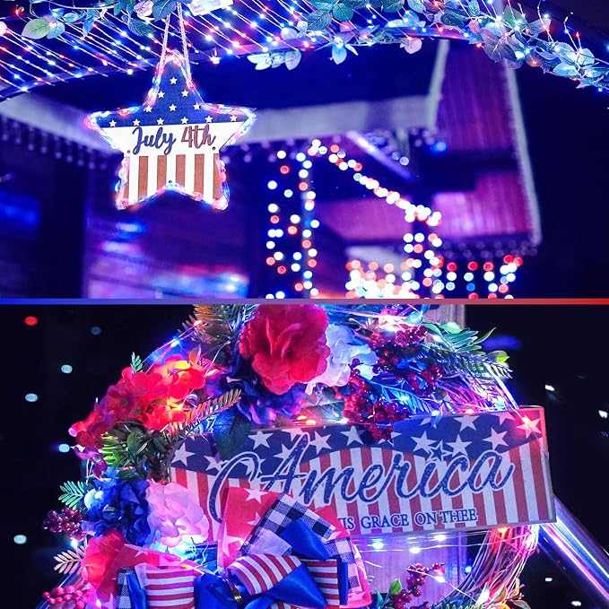 4Pack 80FT 240LED Red White and Blue Fairy Lights Battery Operated with Remote | 4th of July Decorations Twinkle Lights with Timer | American Flag Light for Independence Day Patriotism Decorations