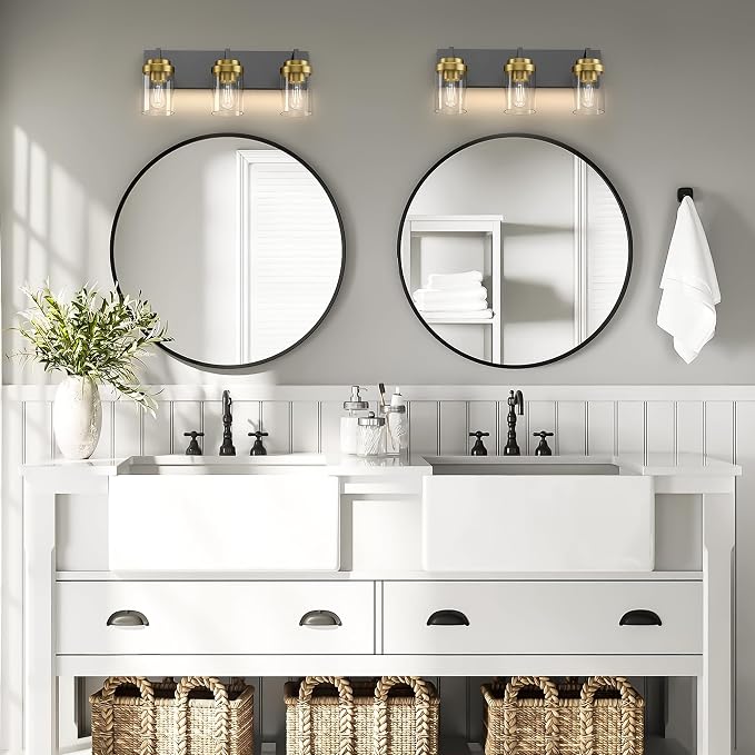 Bathroom Lighting Fixtures, 3-Light Bathroom Vanity Lights Over Mirror, Black and Gold Vanity Light with Glass Shade, Modern Vanity Lighting Fixtures for Bathroom, Bedroom, Hallway