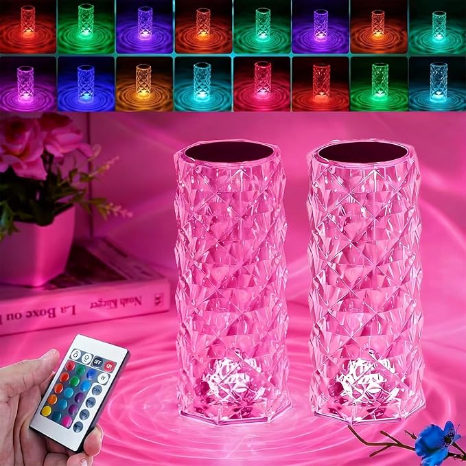 2-Pack Crystal Table Lamp Touch, 16 Color Changing Night Light, Rechargeable, Dimmable, RGB Rose Diamond Mood Lighting, Protable Cordless Desk Lamp Bedside Led Light for Bedroom Living Room Party