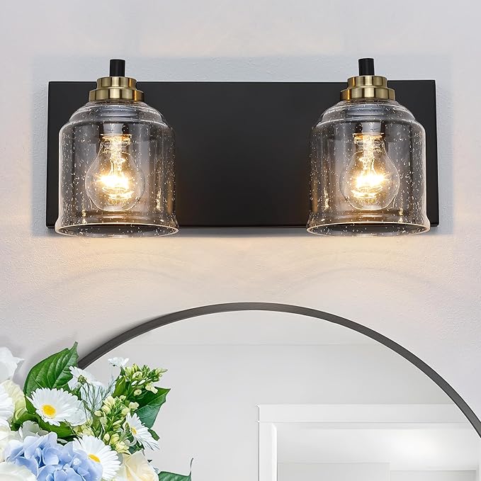 Vanity Lights for Bathroom Large 15.8", Farmhouse Rustic Vanity Light with Bubble Glass Shades, Black and Gold 2 Light Bathroom Lighting Fixtures Over Mirror, Bath Wall Sconce Home Decor