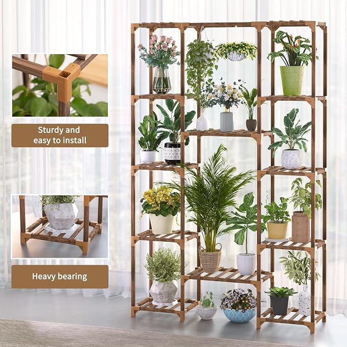 Plant Stand Indoor Outdoor, Tall Plant Shelf for Multiple Plants, 12 Tiers Large Plant Rack Wood Plant Holder Plant Shelves for Room Corner Balcony Garden Patio