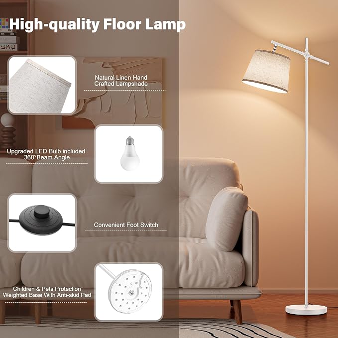 Floor Lamp with Linen Shade, Dimmable Tall Standing Lamp with Remote Control & 3 Color Temperatures Bulb, Modern Swing Arm Floor Lamps for Living Room Bedroom Office Corner