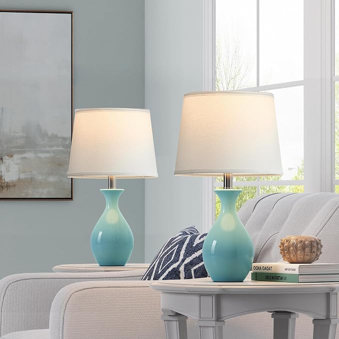 Table Lamp Set of 2, Modern Ceramic Bedside Lamps for Night Stands, Classic Small Lamp Nightstand Lamp for Bedroom Living Room Desk End Table Rocker Swtich Sky Blue