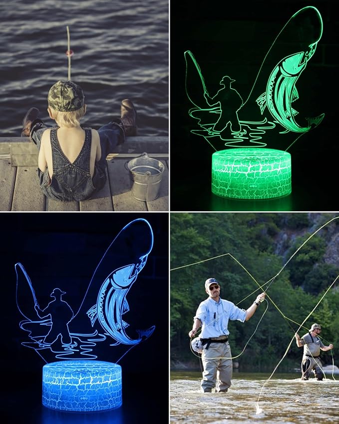 Fish 3D Illusion Lamp, Fishing Gift Night Light, 16 Colors Changing | Dimmable, Touch & Remote Control, Room Bedroom Decor, Birthday Father's Day Christmas for Boy Girl Toy Kid Teenage Men