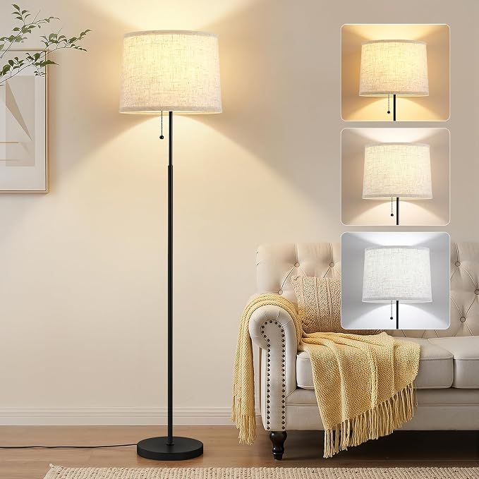 Floor Lamps for Living Room & Bedroom, 60" Modern Tall Standing Lamp, 3CCT | Lamps for Office, Classroom, Bedside, Linen Lampshade, Pull Chain Switch, Modern Design, Anti-glare Lighting, Easy Assembly