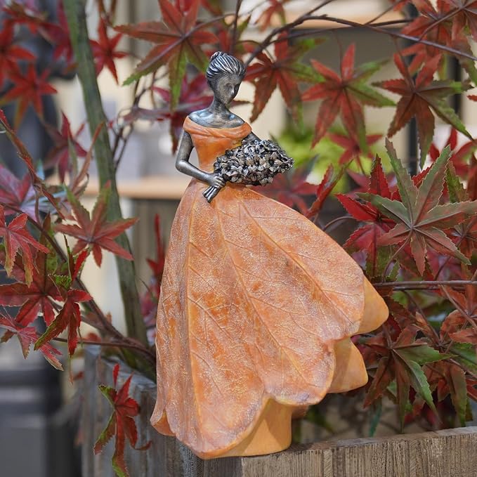 Guichifun Fairy Statue Orange Leaf Angel Girls 7.5 x 4.5 x 11.5 Inch | Resin, Fall Thanksgiving Decor, For Outside or Inside, Rustic Garden Outdoor Yard Figurines, Gift